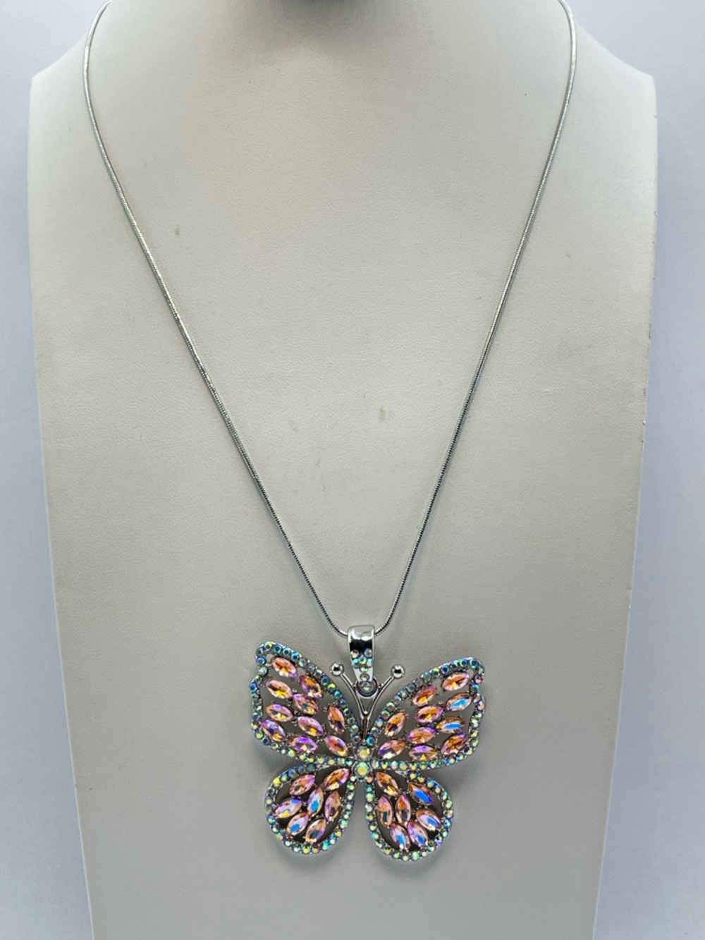 Silver Tone AB Crystal Butterfly Statement Necklace Iridescent Rhinestone